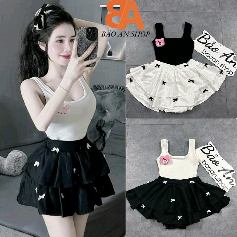 [SB34] Sét áo 2 dây bảng to và chân váy 2 tầng nhiều nơ Women