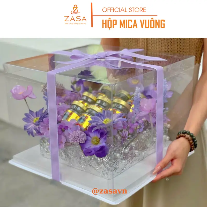Hộp Mica Vuông Trong Suốt Đa Năng - Hộp Đựng Bánh Kem, Hoa, Trái Cây Và Quà Tặng - Zasavn (Kèm Ruy Băng) 2
