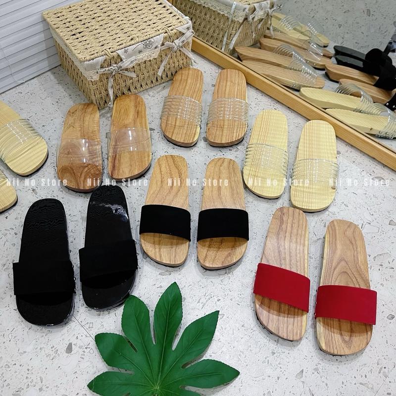 ND019 Guốc mộc dép gỗ nam nữ xoan đào quai ngang đế 2cm thoải mái Nhung Đế Bằng Nữ Có Quai