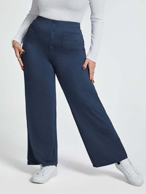 CURVZY Plus Size Solid Pocket Wide Leg Pants, Casual Comfy Trousers for Daily Wear, Women's Bottoms for All Seasons 2