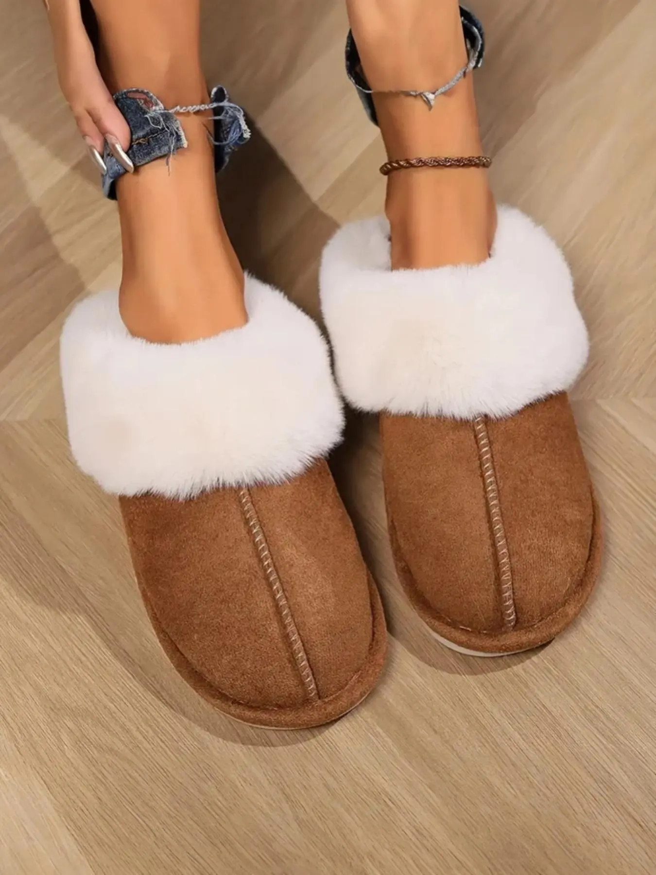 Women's Minimalist Plain Color Faux Fur Lined Slippers, Casual House Slippers, Soft Comfort Walking Shoes for Girl, Plush Home Slippers, Warm Slippers for Indoor & Outdoor Use for Fall & Winter