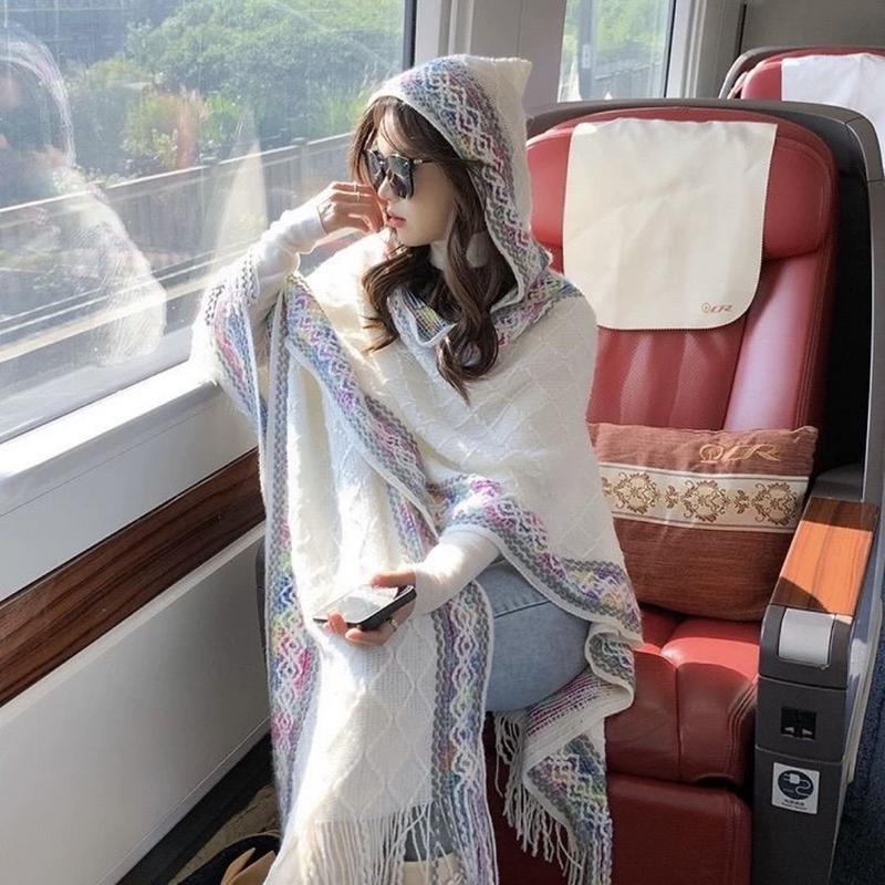 Khăn Choàng Cho Nữ, Mùa Thu Và Mùa Đông, Phong Cách Dân Tộc, Viền Cầu Vồng, Trang Trí Ngoài Trời, Khăn Choàng Có Mũ Trùm Đầu, Thích Hợp Cho Du Lịch Và Chụp Ảnh Ngoài Trời, Áo Choàng Ấm Áp Women Nhung Quàng Cổ Voi 2