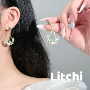 【Litchi】Anting Bunga Matahari Logam Emas Tua Bintang Batu Giok Biru Rantai Rumbai Halus Menunduk Wanita L283