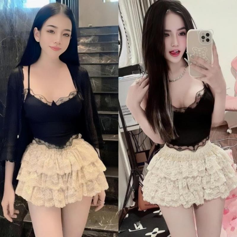 Set váy nữ 3 món áo trong 2 dây phối ren cổ tim kèm khoác ngoài dài tay len mix chân váy ngắn xếp tầng xòe xinh xắn dể thương cho nàng diện đi chơi đi tiệc.