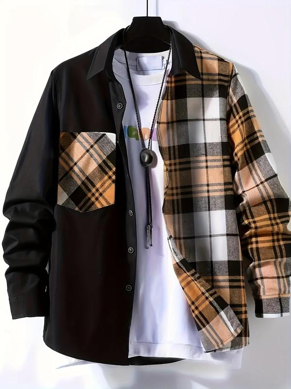 Men's Plaid Print Button Front Pocket Shirt, Regular Fit Casual Long Sleeve Collared Top for All Seasons, Men's Clothes for Daily Wear, Menswear 6