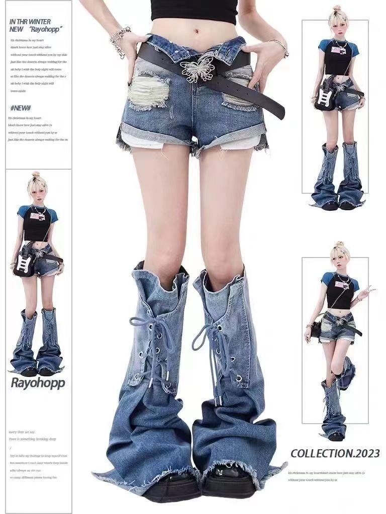 Product Introduction of Đồ Giữ Ấm Chân Mùa Hè, Phong Cách Y2K Millennial Subculture Denim, Màu Gradient Buộc Dây Phong Cách Đường Phố Cô Gái Nóng Bỏng, Thiết Kế Loe Và Xếp Chồng, Vớ 6