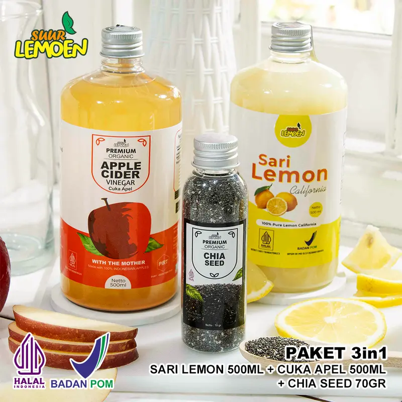 TERLARIS PROMO PAKET Best 3in1 Big SUUR LEMOEN Paket Cuka Apel 500 ml Sari Lemon 500 ml Chia Seeds 70gr - BY ALESKA STORE 0