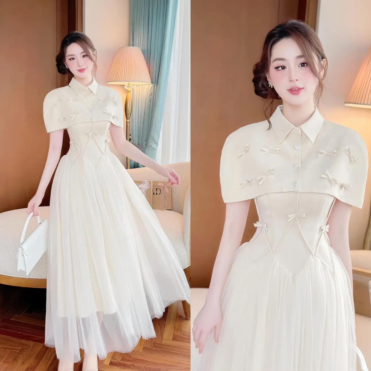 Set hai món nữ : váy hai dây dáng dài phối lưới kèm áo choàng ngoài đính nơ màu nude màu trắng, sang trọng, thanh lịch dự tiệc  Women Dress