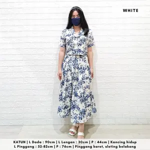 4568 sanuari floral button long skirt one set Atasan Celana Fit Kancing Panjang Katun Karet Bawahan Shakila
