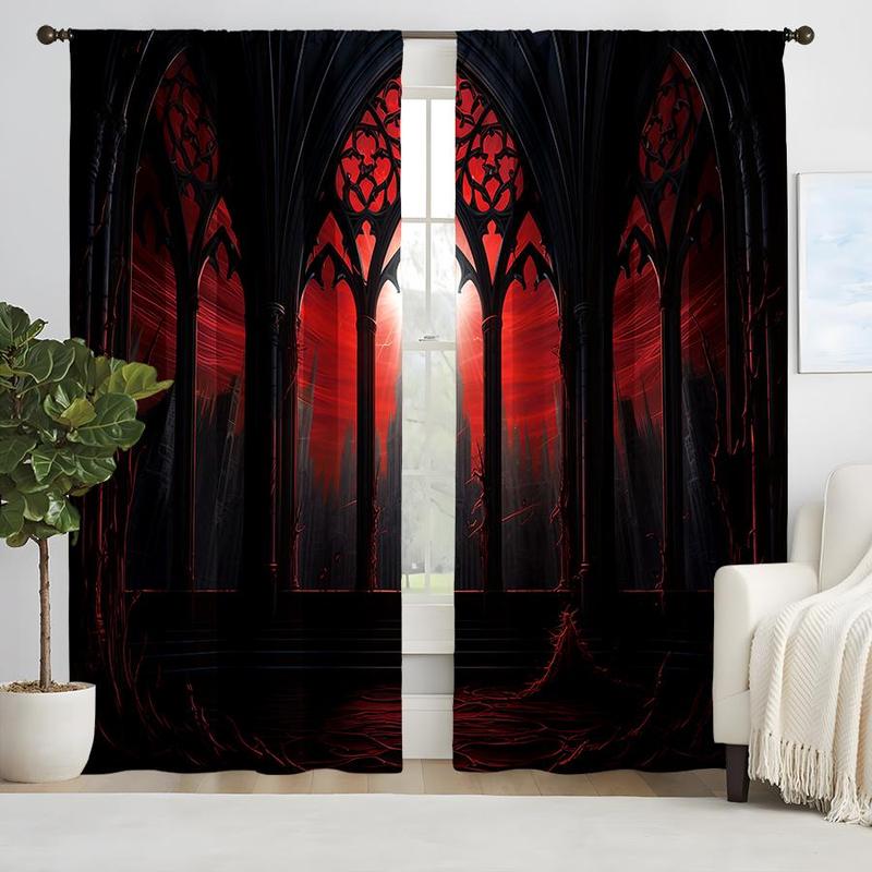 Product Introduction of Gothic Castle Print Black Out Curtain, 2 Counts Creative Decorative Curtain for Bedroom Living Room 15