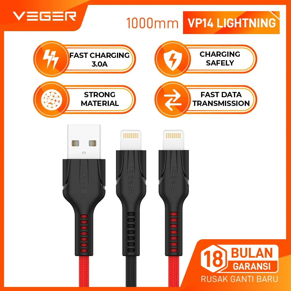 VEGER Kabel Data Cable Lightning For iPhone & iPad VP-14 Fast Charging High Speed 1 Meter