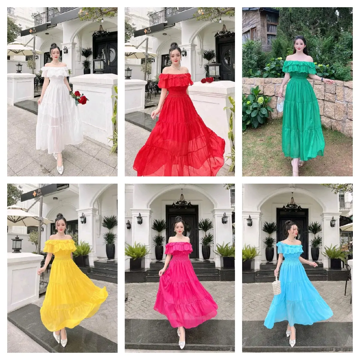 Maxi đi biển đẹp. Maxi trễ vai tơ óng xoè tầng váy đẹp chụp ảnh. Nữ Women Voan Voi đầy màu sắc s đầm maxi Đỏ