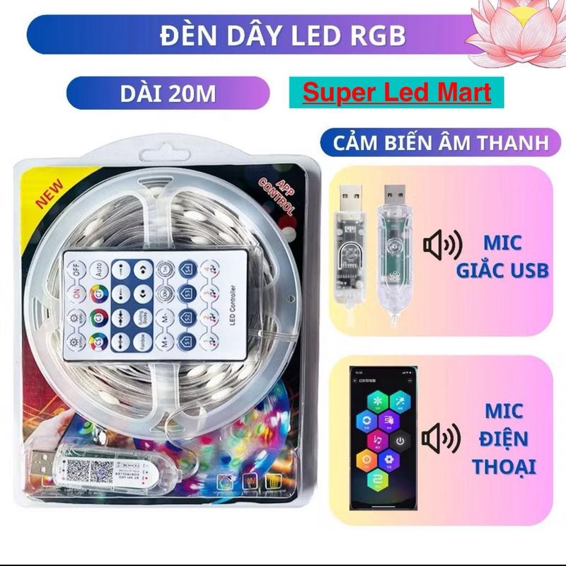 Đèn Led Cảm Ứng nháy đuổi 20 Mét 200 Hạt Led Dây đèn LED trang trí RGB 5V Cổng USB nháy theo nhạc kèm điều khiển thanhled dántường