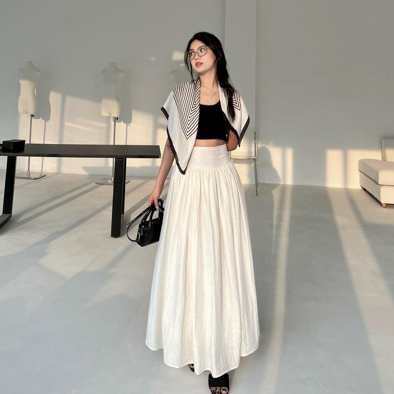 Chân váy Nữ nhún hack eo, linen vân gỗ dài 95cm, thiết kế Dens.clothing Women