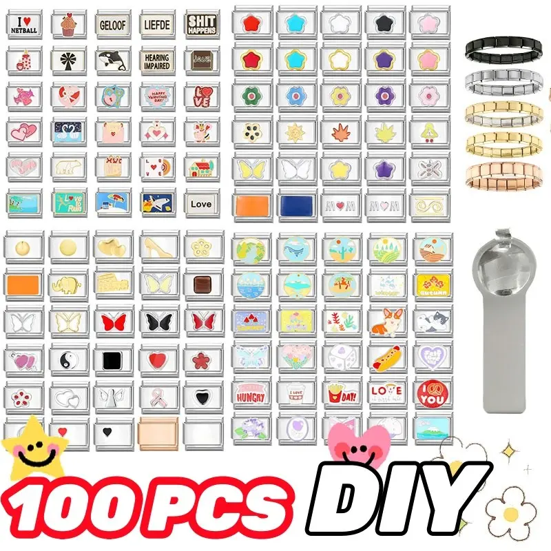 100PCS Hot Popular Styles Charms Italian Modular Bracelet Charm Links Fit 9mm Bracelet Stainless Steel DIY Making