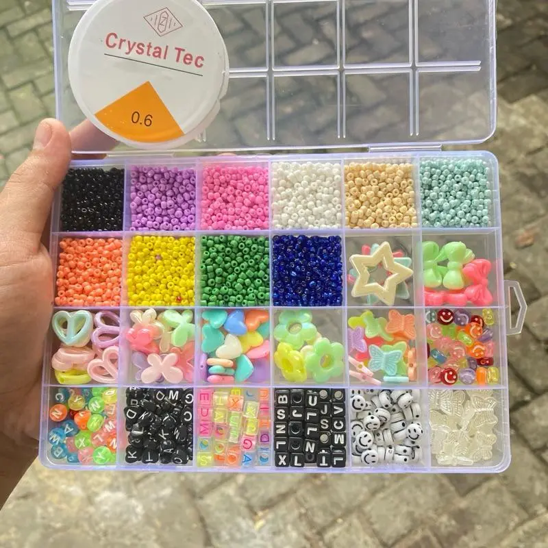 BISA COD Manik MoTe Pasir 8/o 3mm Manik 24Warna Plus Box (+ Senar Elastis) Murah Lengkap Nursa manik