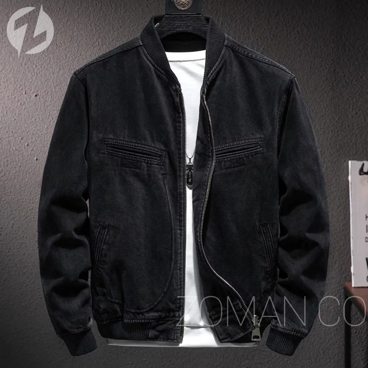Jaket Bomber Jeans Denim Clasic|Jaket Bomber Denim Black Zoman|Bomber Denim Casual Size M L dan XL|Bomber Jeans Hitam Polos