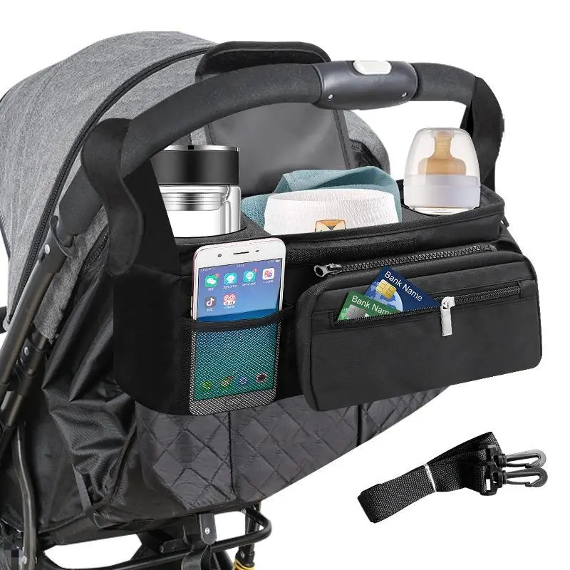 Baby Stroller Storage Bag, Multifunctional Stroller Hanging Bag with Insulated Cup Holder, Detachable Phone Bag & Shoulder Strap, Travel Essentials