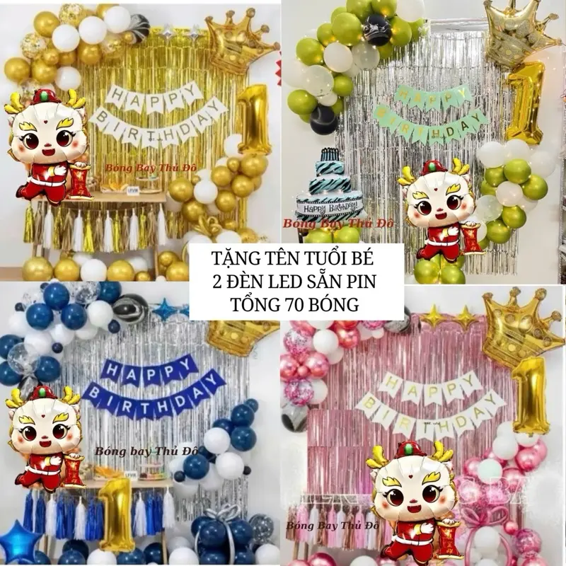 [TẶNG TÊN TUỔI BÉ +2 ĐÈN LED ]Set Bóng Trang Trí Sinh Nhật Tuổi Rồng 70 bóng, tuổi Thìn, thôi nôi, 12 con giáp  cho bé gái - bé trai đầy đủ phụ kiện bơm keo dây kết nối  Cao su