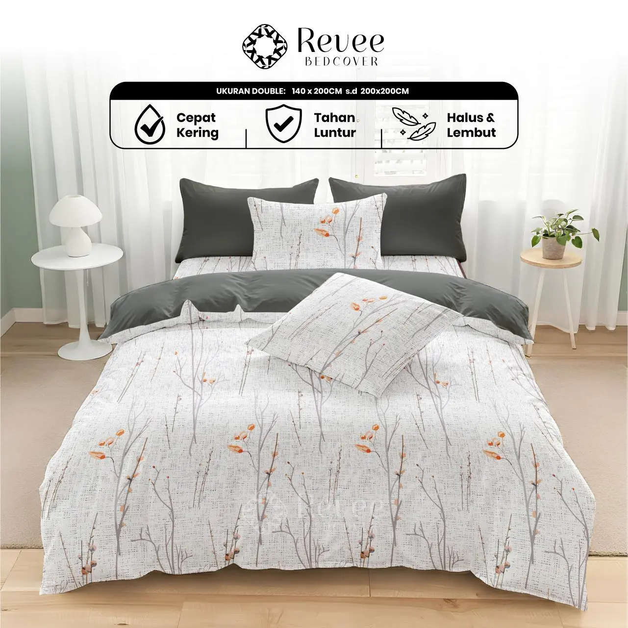 Revee Bedcover - Sprei & Bedcover Set Miska Mix Dark Grey Ukuran Lengkap 140x200/180x200/160x200/200x200