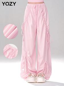 YOZY Women's Solid Color Tie Waist Wide Leg Pants, Y2k Casual Comfy Trousers for Daily Wear, Ladies Bottoms for All Seasons