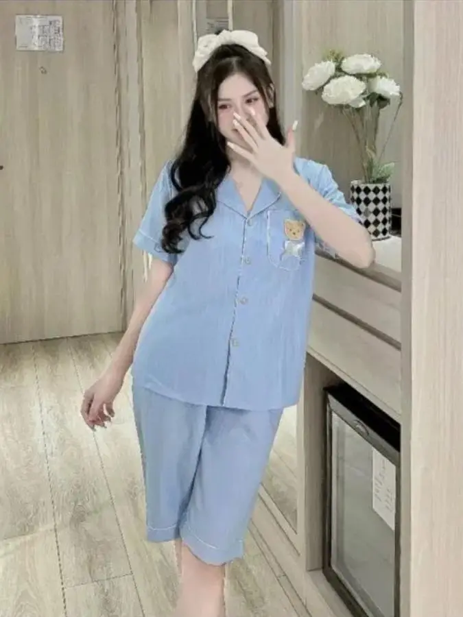 Đồ ngủ nữ bộ ngủ pyjama nữ Quần ngố lửng chất vải đũi gân mềm nhẹ