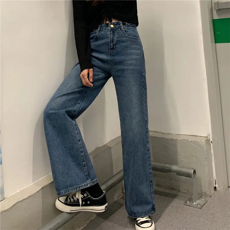 Korean style biru laut vintage loose straight high waist celana jeans wanita(gambar fisik)--8093 0