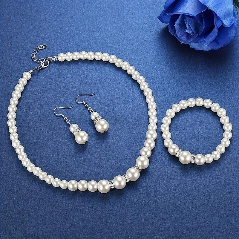 Product Introduction of White Beaded Jewelry Set for Women, Necklace, Earrings, Bracelet, Three-piece Set, Beautiful Wedding Accessories 3