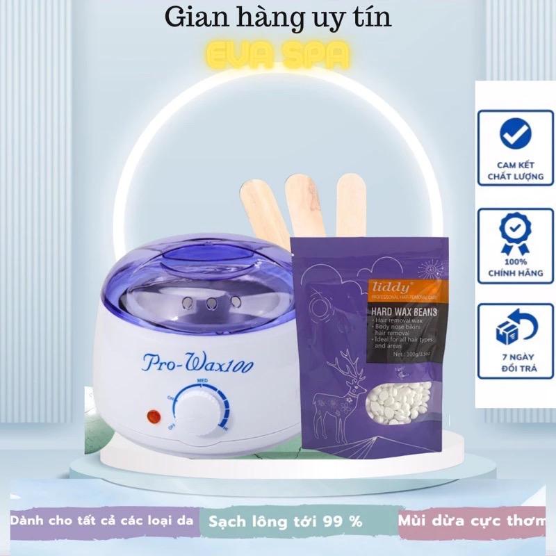 Combo wax lông tại nhà gồm Nồi Pro 100+ 100G Sáp Dừa+ Que Gỗ kem tẩy strips