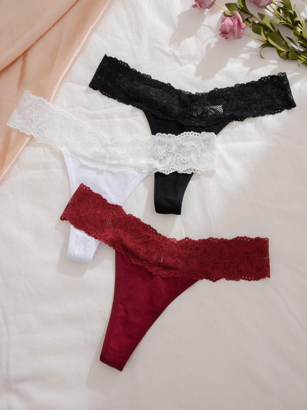 Women's 3pcs Plain Contrast Lace Drop Waist Panty, Soft Comfy Breathable Knicker for Daily Wear, Underwear for All Seasons 0