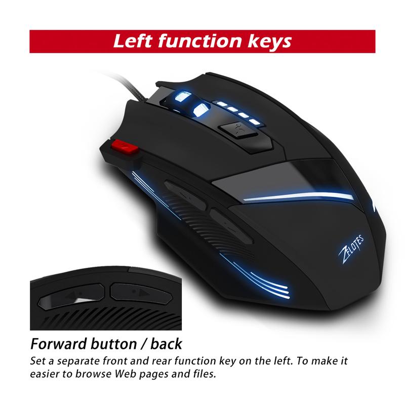 Zelotes T60 Macro Wired Gaming Mouse 7200 DPI Wired USB 7 Buttons Multi-Modes LED Lights Programmable 6