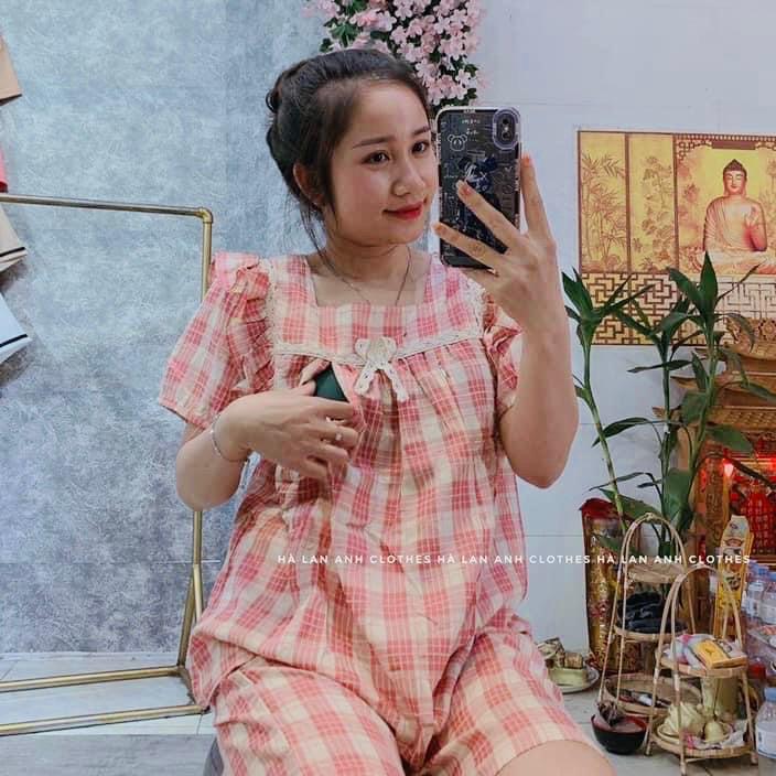 Đồ bộ bầu và sau sinh áo có khóa mở cho bé ti, Bộ bầu cộc tay kẻ thô mềm,quần bầu có chun chỉnh tiện lợi BL876 0