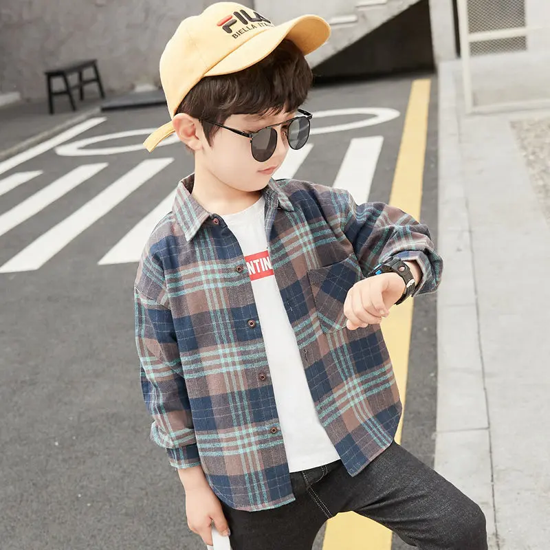 Kemeja Berpetak, untuk Lelaki, Lengan Panjang, Gaya Korea, Saiz Kanak-kanak Sederhana dan Besar, Gaya Barat, Pakaian Musim Bunga Nipis, Baju Kacak, Sesuai untuk Musim Bunga dan Musim Luruh