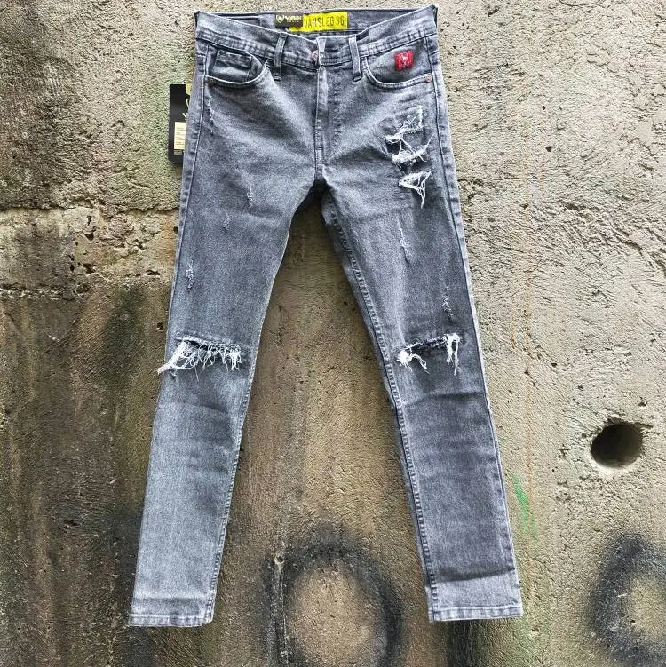 celana jeans panjang Pria abu sandwashing ripped Denim