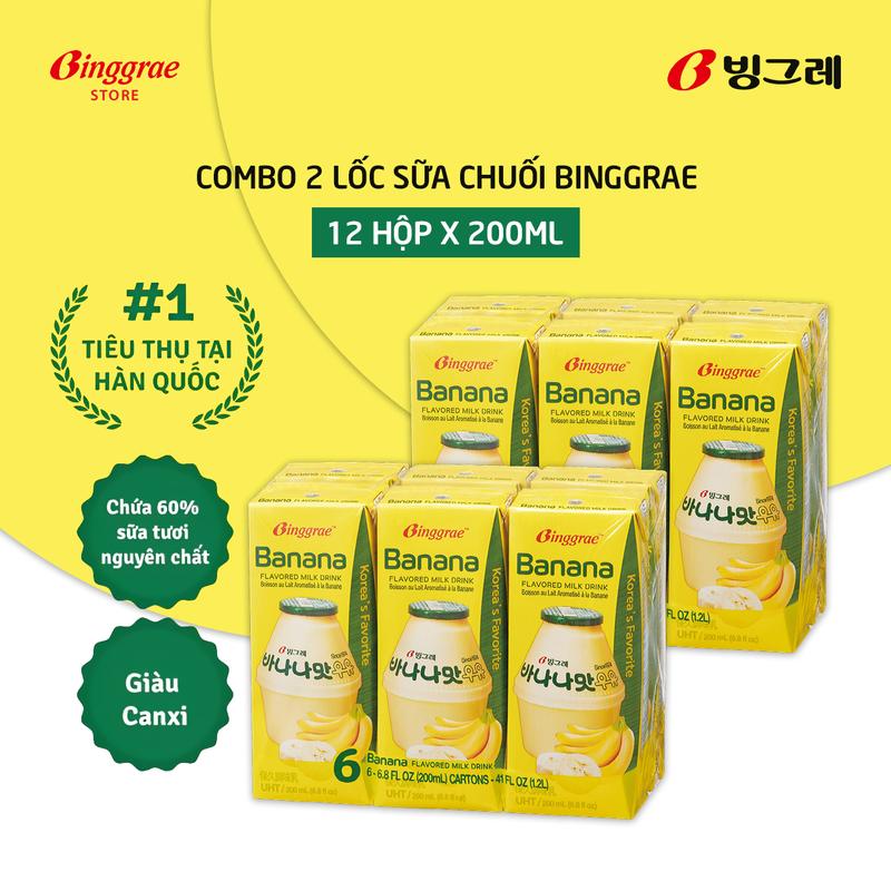 Combo 2 Lốc Sữa Chuối Hàn Quốc Binggrae (12 Hộp x 200ml)