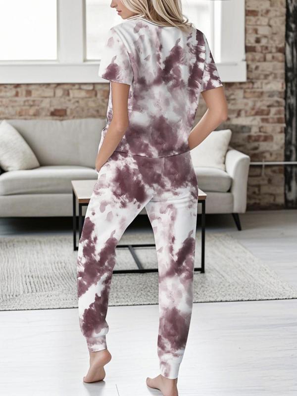 Women's Tie Dye Print Tee & Pants Pajama Two-piece Set, Casual Comfy Short Sleeve T-shirt & Trousers Pj Set, Ladies Sleepwear for All Seasons 5