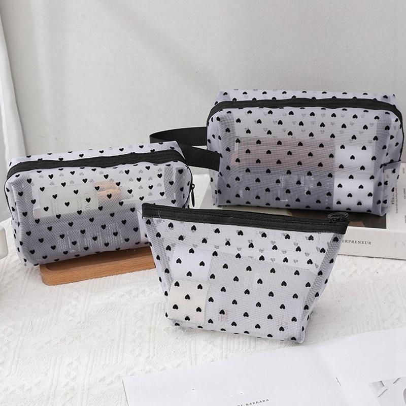 High Quality Heart Transparent Mesh Makeup Bag Multifunction Portable Ladies Toiletry Storage Bag Black/White/Beige Lipstick Organizer Bags 3
