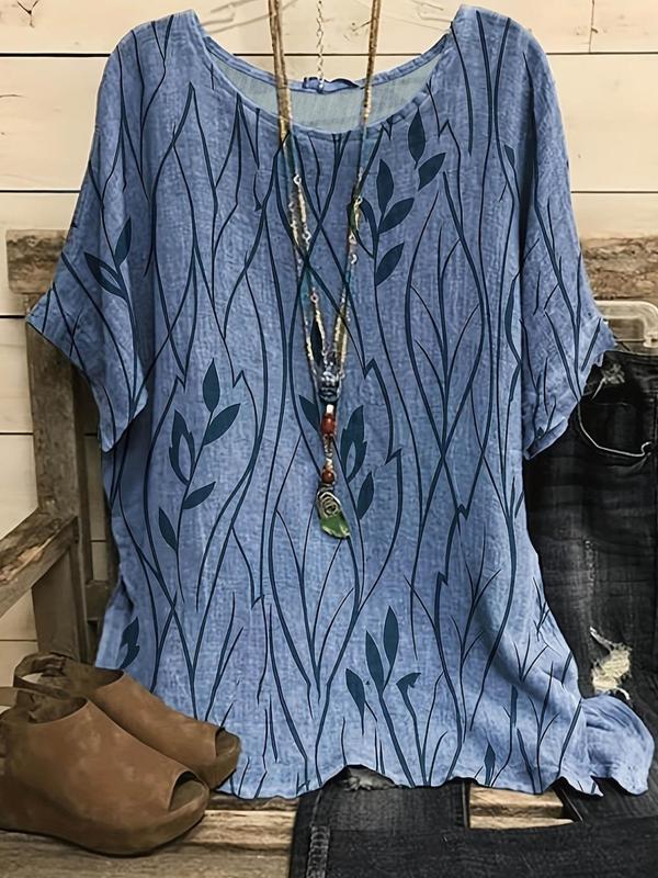 Plus Size Leaf Print Batwing Sleeve Tee, Casual Scoop Neck Half Sleeve T-shirt for Summer, Women's Plus Size Clothing for Daily Wear 0