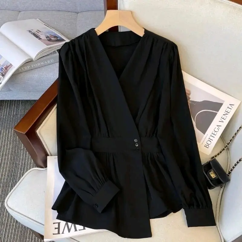 Nuansa Blouse Wanita Jumbo - Atasan Kimono Wanita Big Size - Korean Style - UKURAN S M L XL XXL XXXL 5L - V-Neck - Polos - Hitam  Crinkle Busui Nyaman Airflow Kancing Oversize Serut Casual kemeja  korean style 4
