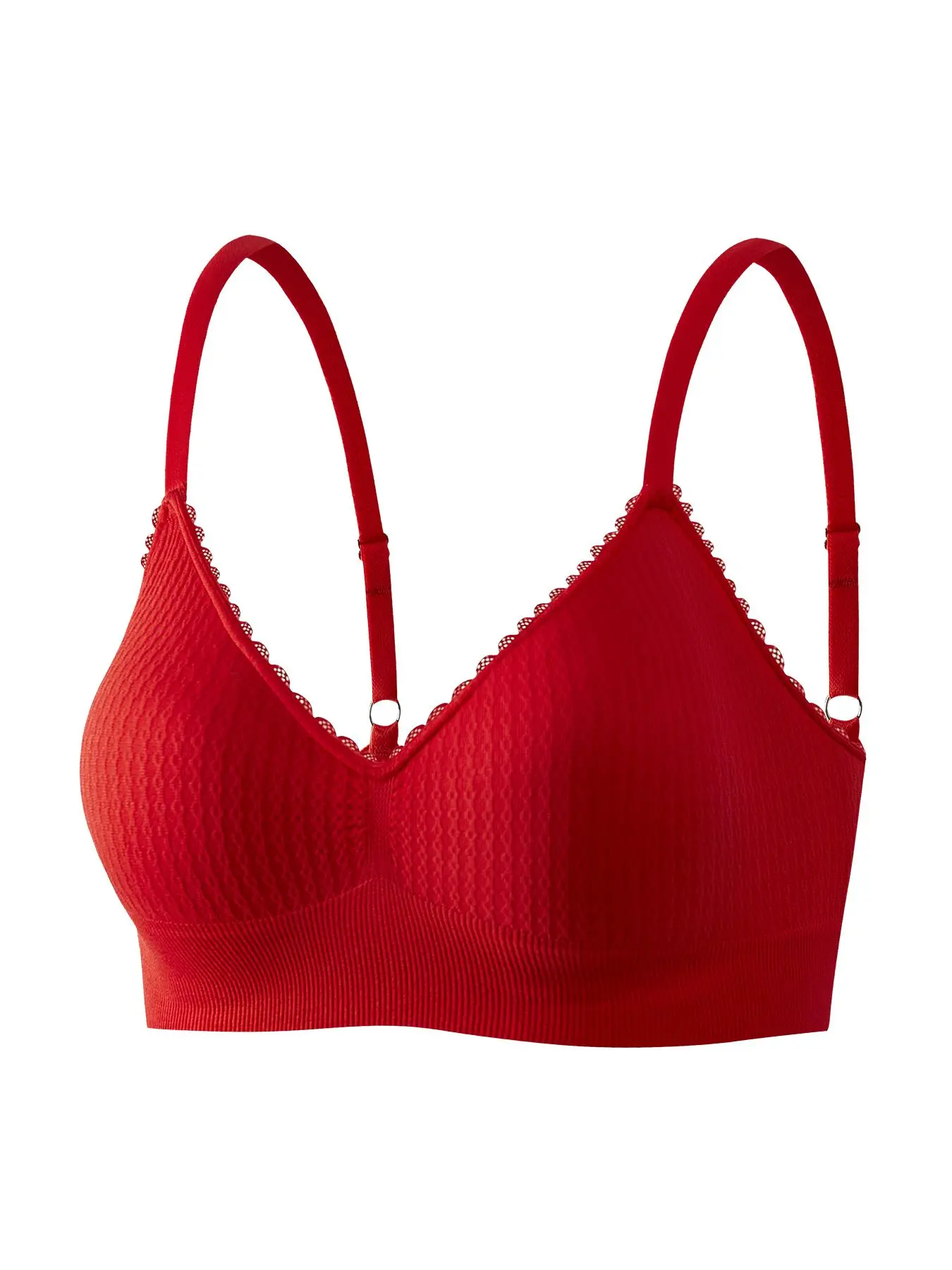 Women's Trendy Plain Textured Lace Trim Bra, Romantic Casual Comfy Wireless Lingerie Top, Basic Breathable Bralettes, Ladies Underwear for All Seasons