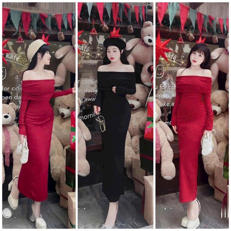 Đầm ôm body dáng dài trễ vai siêu tôn dáng - thun gân