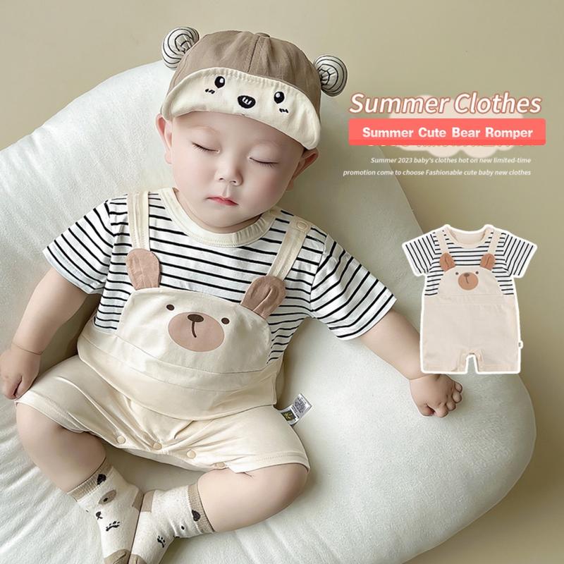 Áo Liền Quần ngắn Tay Cho Em Bé Trai Và Bé Gái, Hàng Mới Về Mùa Hè, INS, Làm Bằng Bông, Có Nối Hình Gấu Nhỏ Thiết Kế Hoạt Hình, Thích Hợp Cho Em Bé 0-18 Tháng 1
