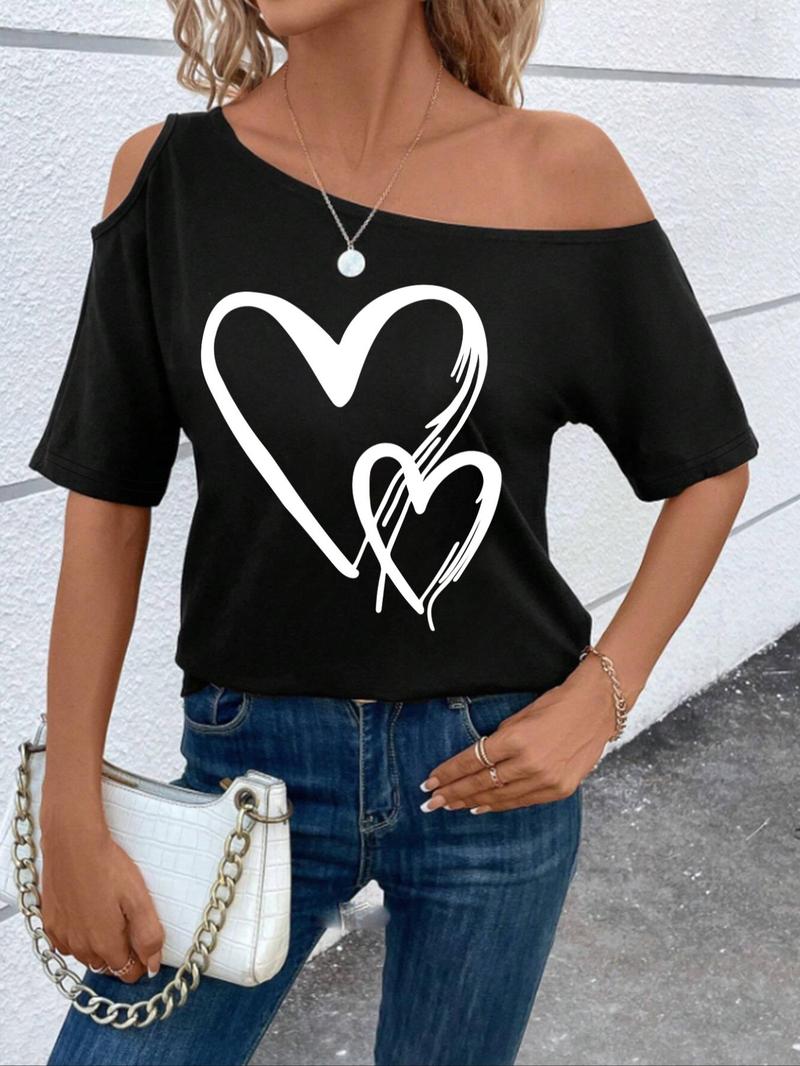 Product Introduction of Women's Heart Print Cut Out One Shoulder Half Sleeve Tee, Fashion Casual Batwing Sleeve Asymmetrical Neck T-Shirt for Summer, Ladies Clothes for Daily Wear 10