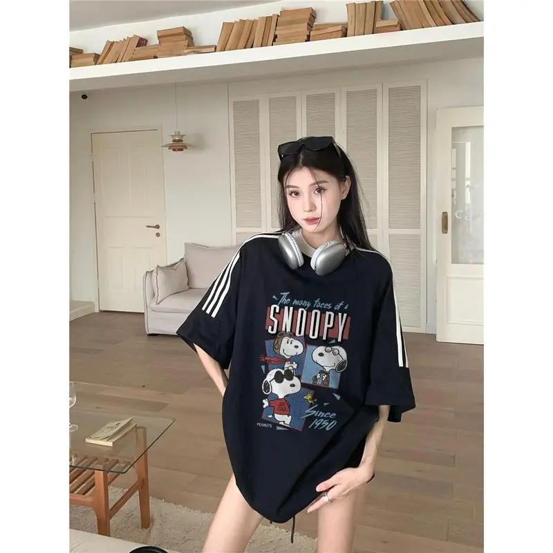 Tshirt Lengan Pendek Garis Tiga Baju bola Snoopy Korean Style Kaos Longgar 100% Cotton 1