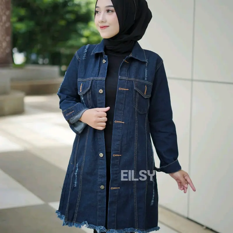 Blazer Panjang Jeans Wanita Oversize Hitam - Outer, Linen, Atasan, Denim, Casual, Cewek 1