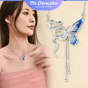 Kalung Titanium Anti Karat Perak Biru Kupu‑kupu Rumbai Mewah Aksesoris Wanita Elegan Rantai Selangka Terbaru