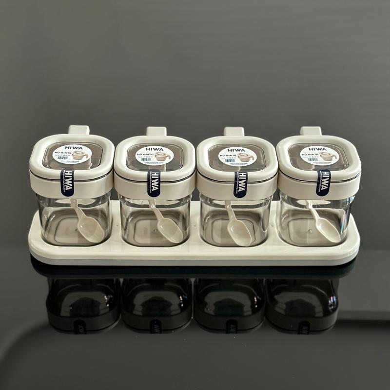 Bộ hũ đựng gia vị trong suốt nắp bật có muỗng múc khay đựng sét 3 hũ và 4 hũ