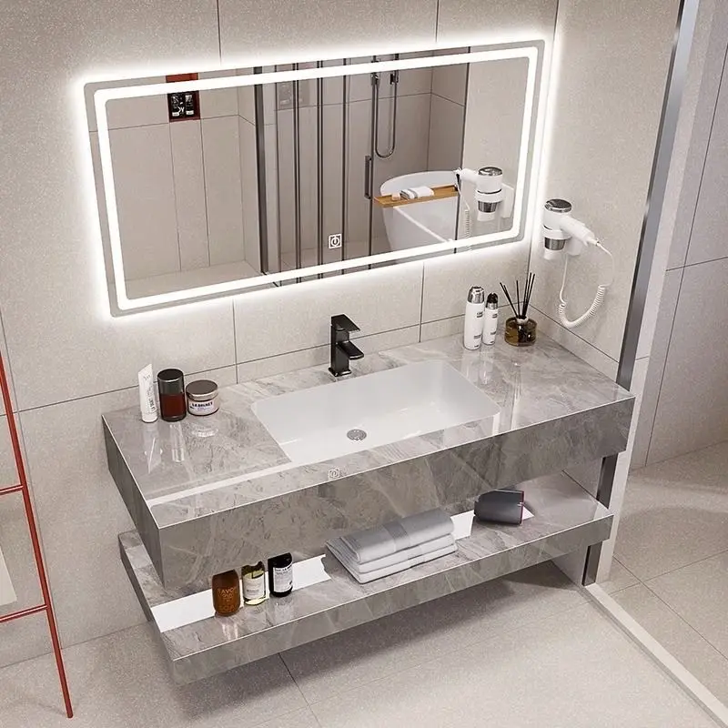 Vanity Cabinet Sintered Stone Bathroom Cabinet Minimalist Double-layer Marble Wash Basin Cabinet set Free Tap and Pop Up Waste Bathroom Basin Vanity Set Bathroom