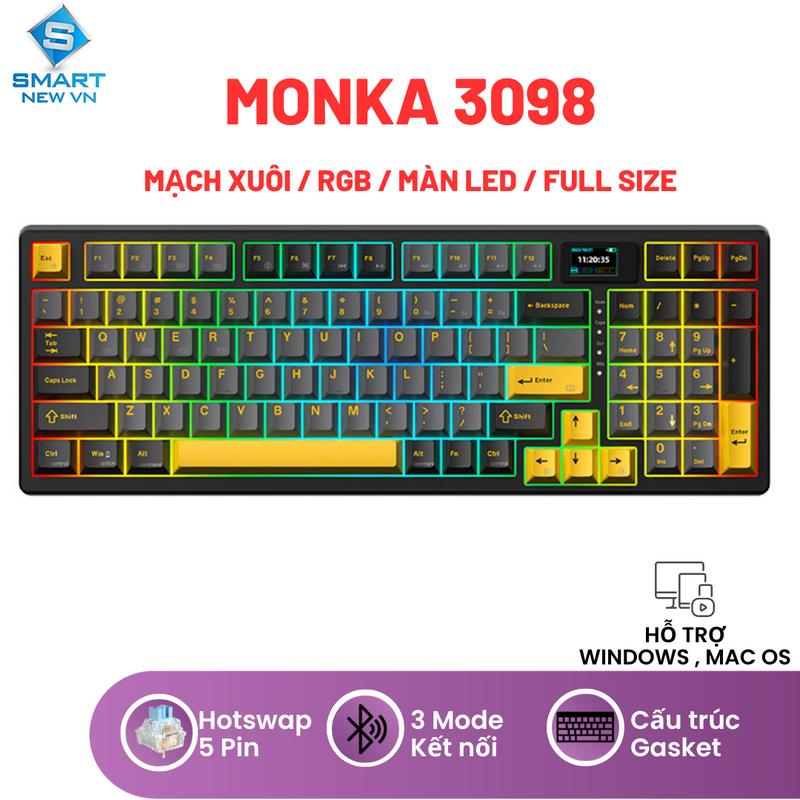 Bàn phím cơ không dây MONKA 3098 LED RGB 3 Chế độ Có Màn Hình Mạch Xuôi Full Size
