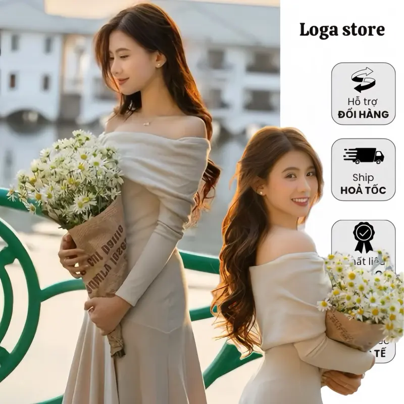 Váy trễ vai dài tay dáng xoè vải nhung tăm, đầm body trễ vai dáng dài tiểu thư_L329